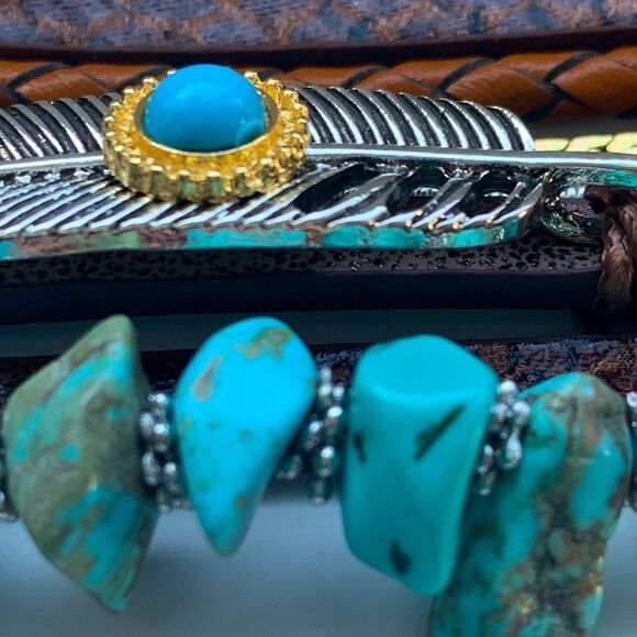 Western Multi Strand Boho Cuff Bracelet – PU Leather with Faux Turquoise - Picture 4 of 9